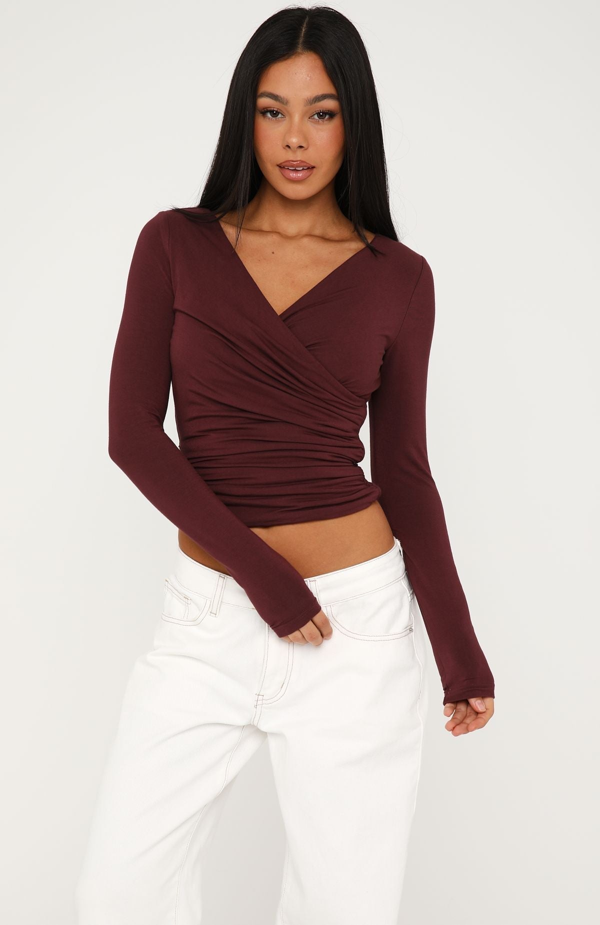 Trending Sparks Fly Cinched Waist Off Shoulder Long Sleeve Top Cherry Chocolate