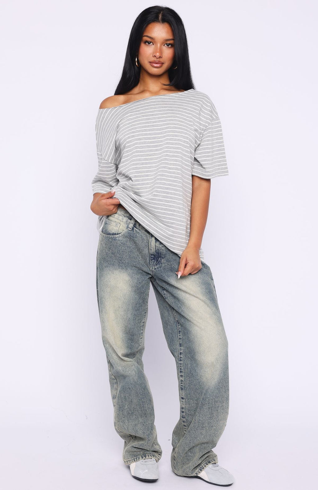 Trending Give Me Options Off Shoulder Tee GreyWhite Stripe