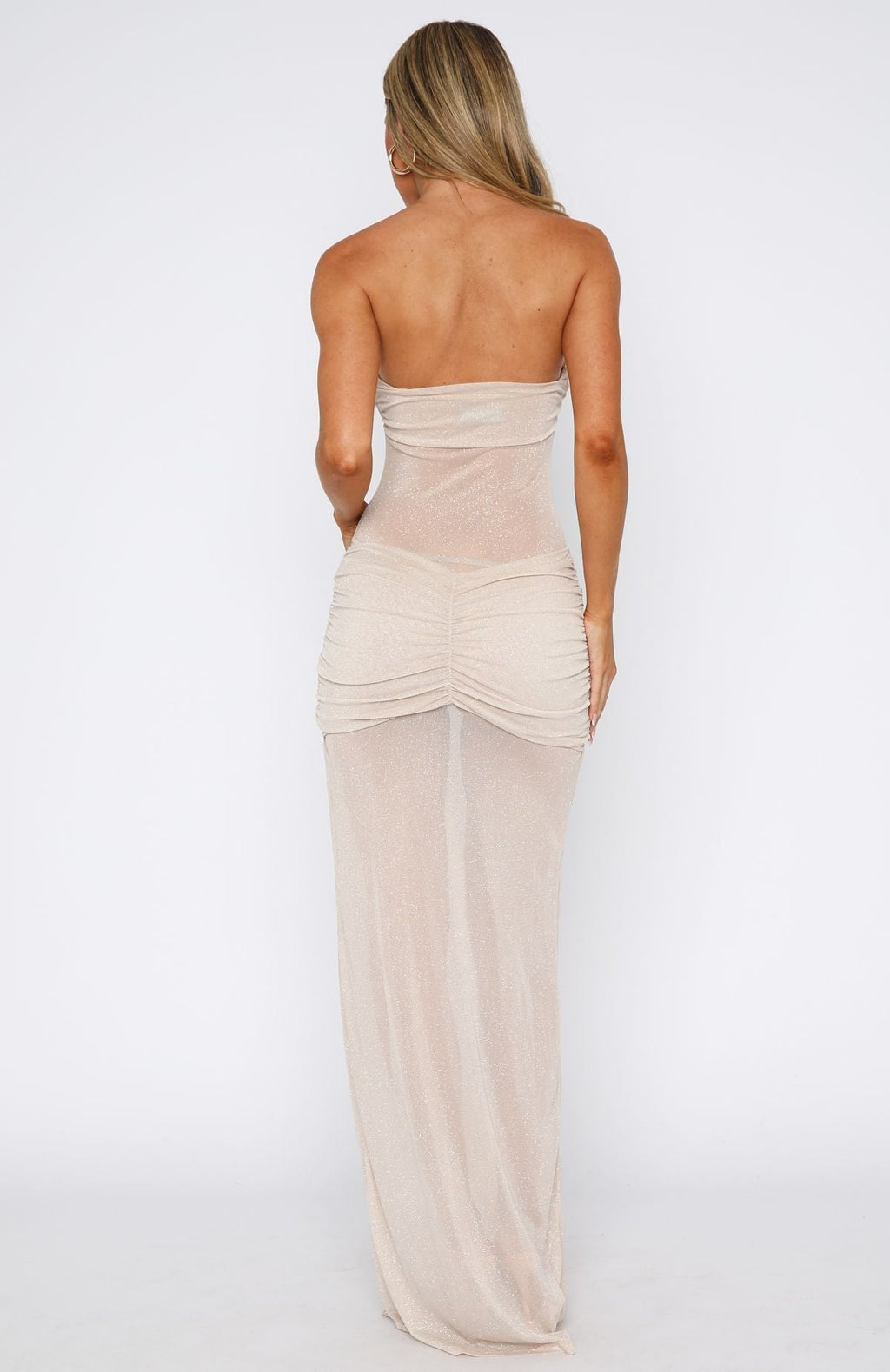 Trending Sheer Grace Strapless Glitter Maxi Dress Champagne