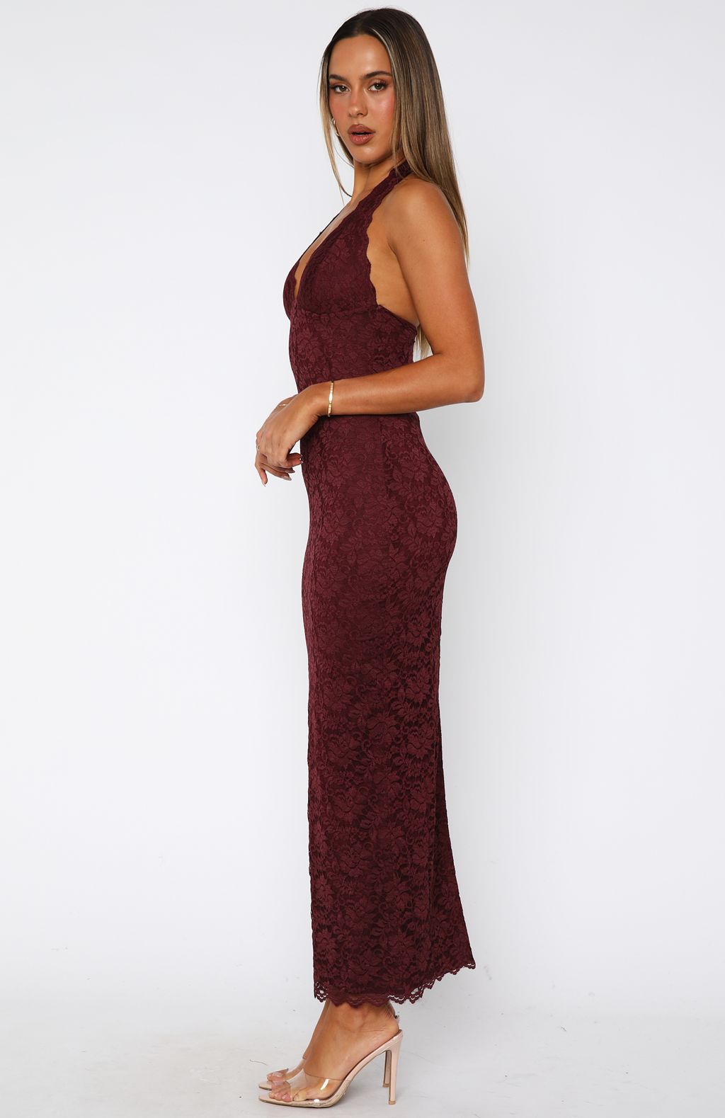 Trending Destiny Lace Maxi Dress Burgundy