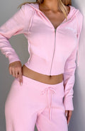 Trending Paying It Forward Zip Front Knit Hoodie Baby Pink