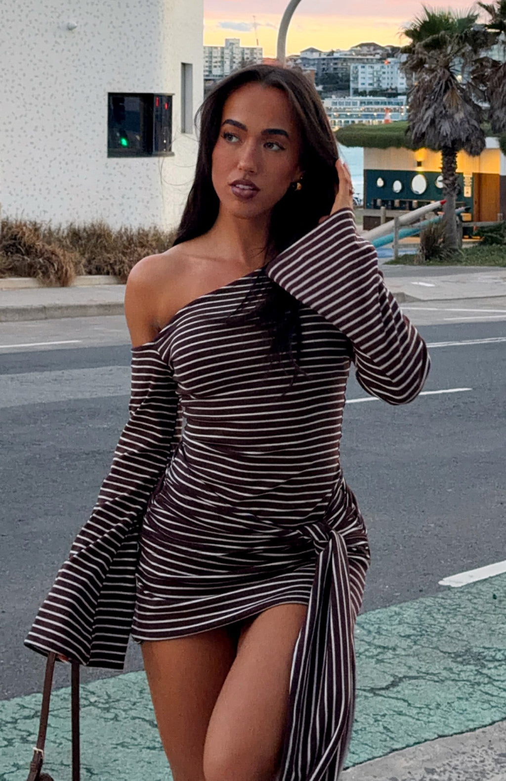 Trending On Her Throne Off Shoulder Long Sleeve Mini Dress ChocolateMarle Stripe