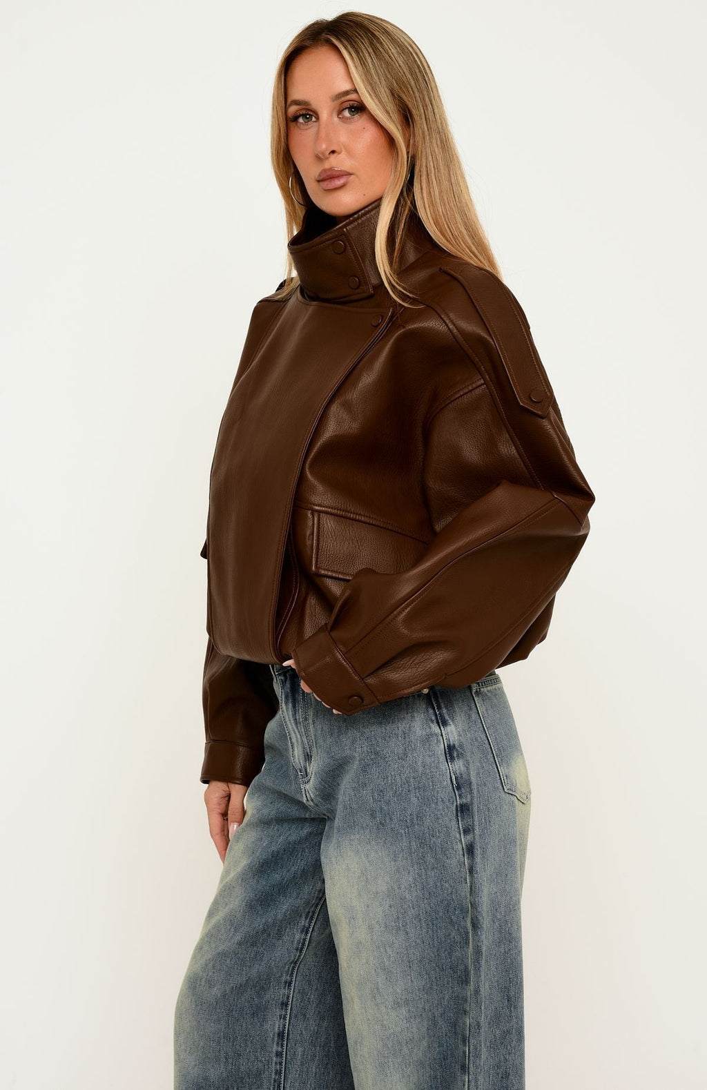 Trending Arianna Funnel Neck Pu Jacket Chocolate