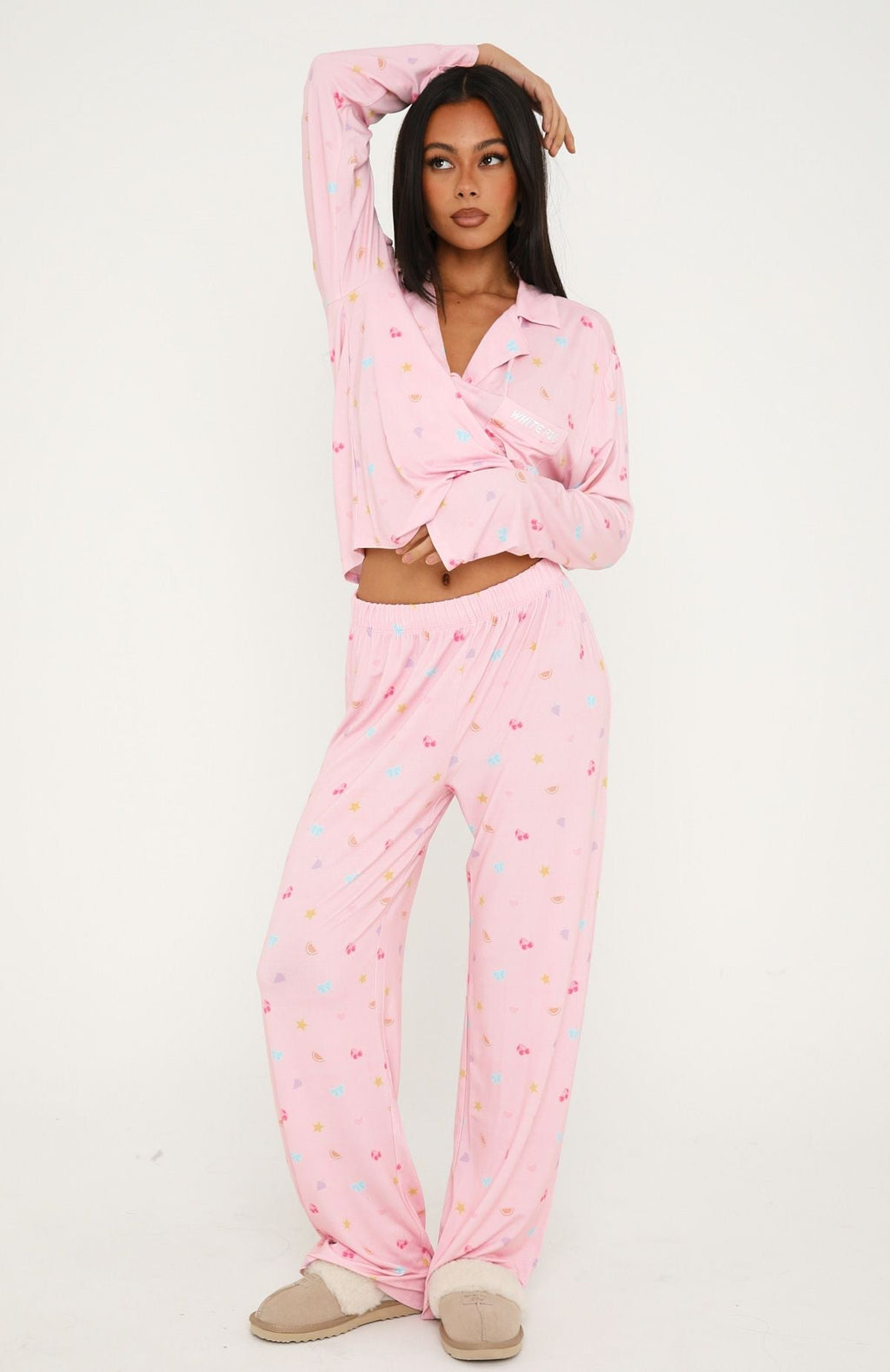 Trending Pillow Talk Printed Long Sleeve Pyjama Set Pink Citrus