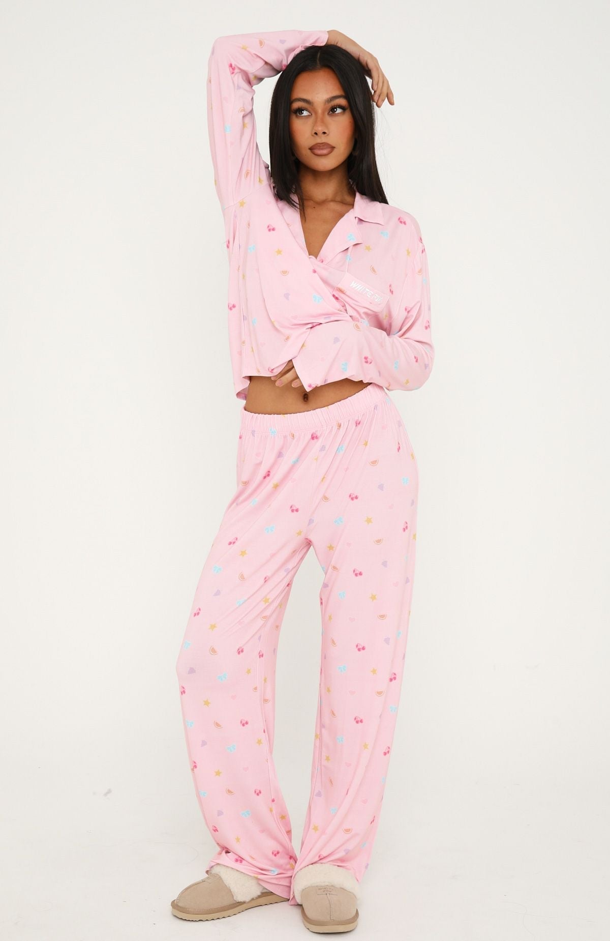 Trending Pillow Talk Printed Long Sleeve Pyjama Set Pink Citrus