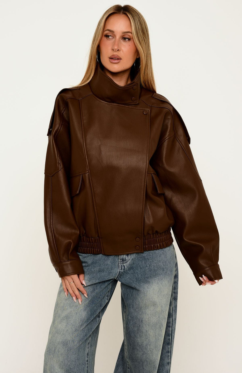 Trending Arianna Funnel Neck Pu Jacket Chocolate
