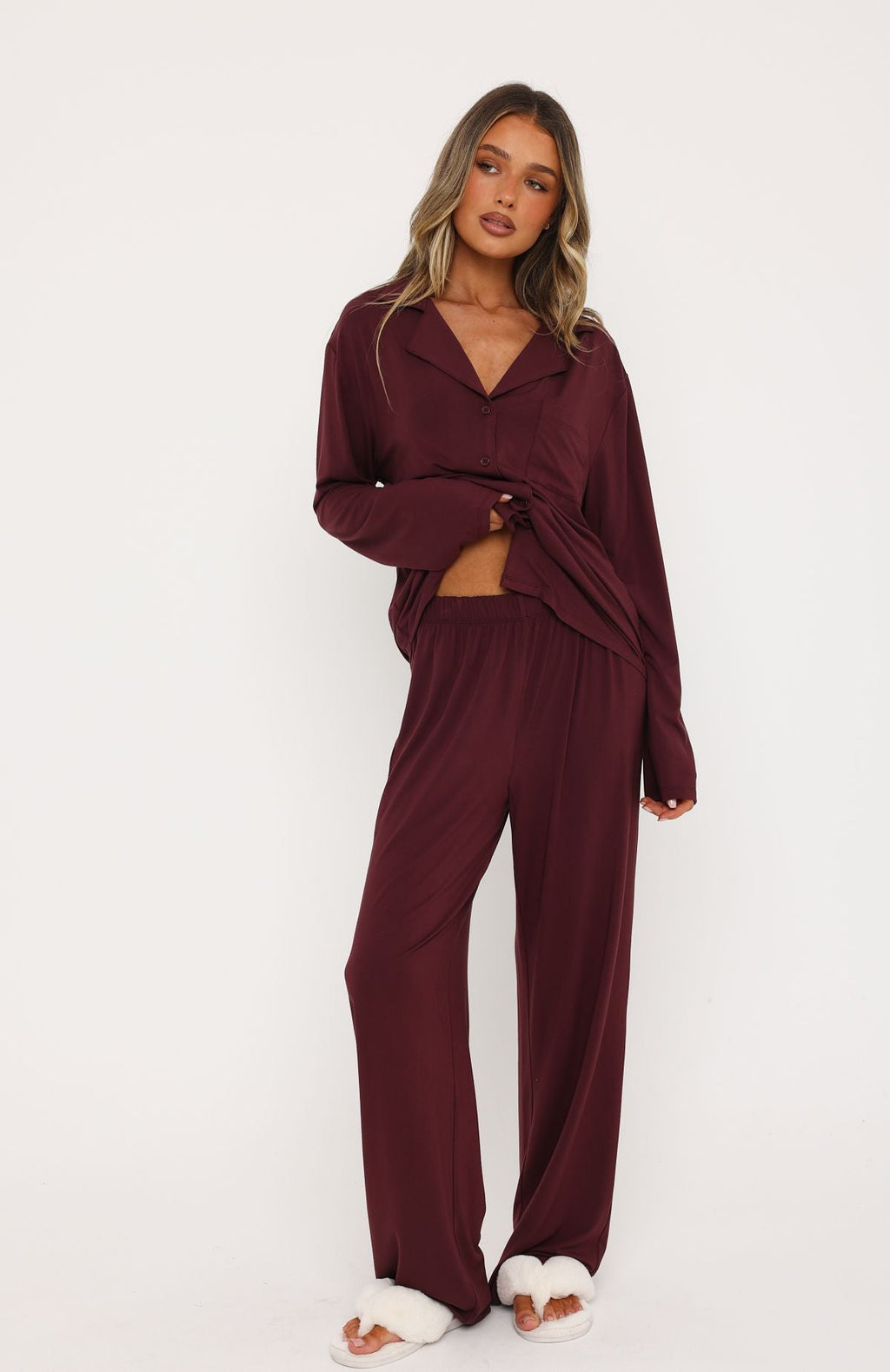 Trending Pillow Talk Long Sleeve Pyjama Set Burgundy