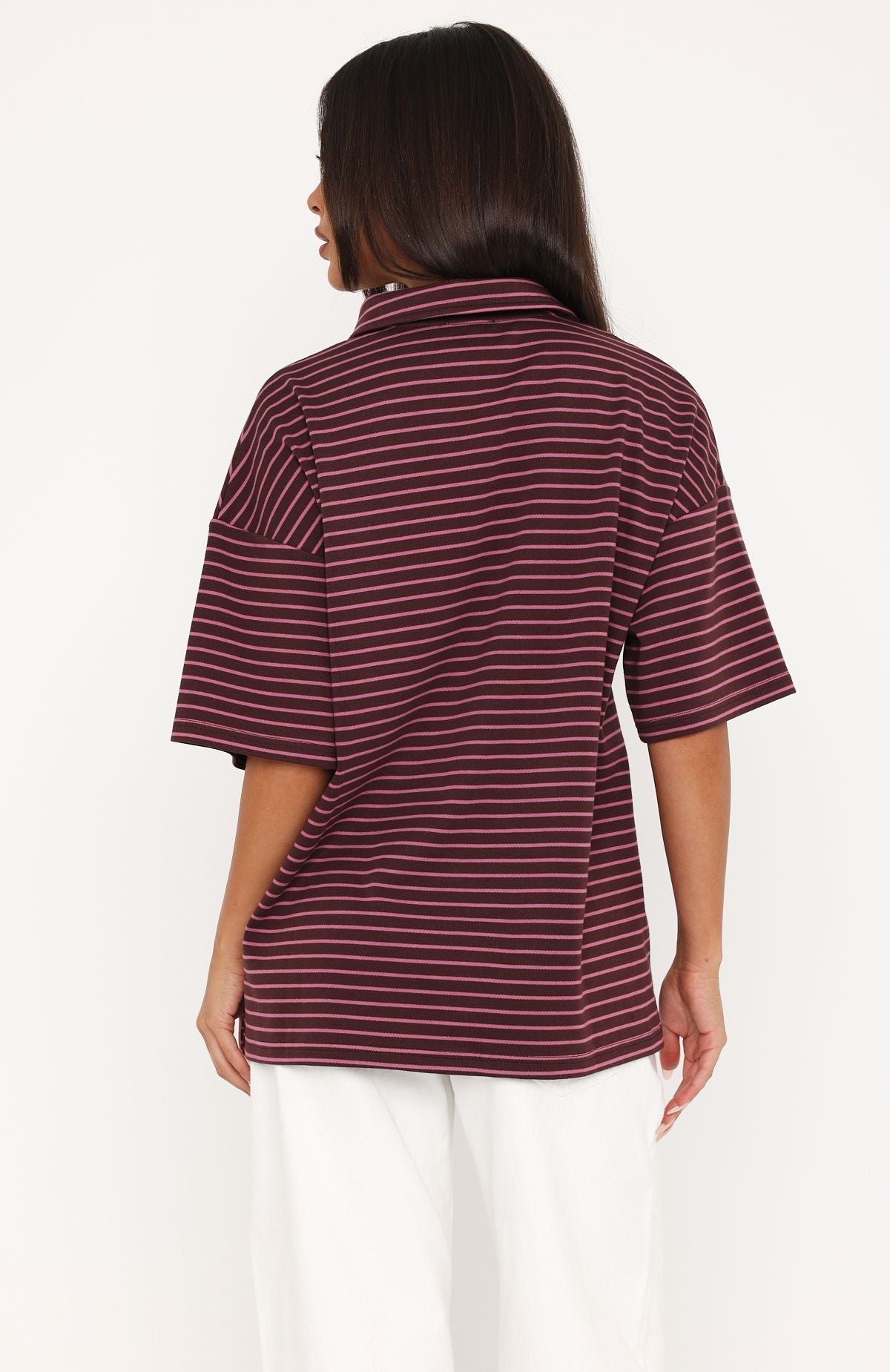Trending Pure Intent Oversized Short Sleeve Polo Shirt Choc Pink Stripe