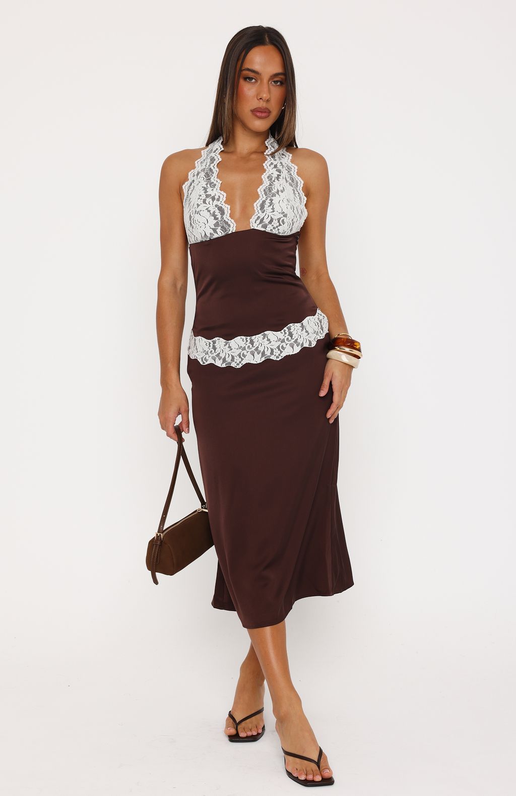 Trending Laced In Love Midi Dress ChocCream