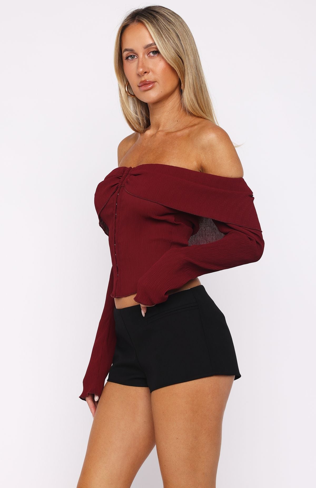 Trending Mood Forever Long Sleeve Off Shoulder Top Burgundy