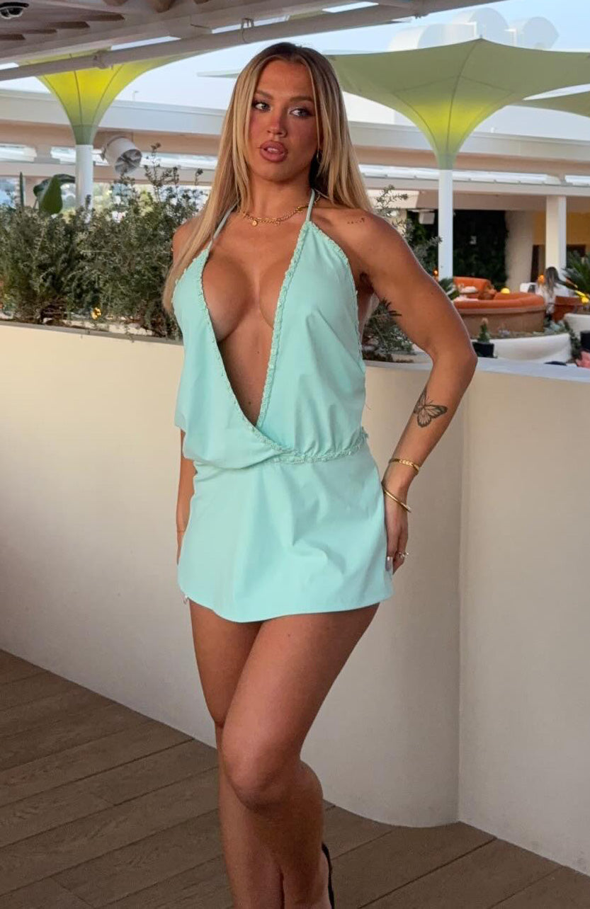 Trending Sweet Cheeks Halter Mini Dress Turquoise