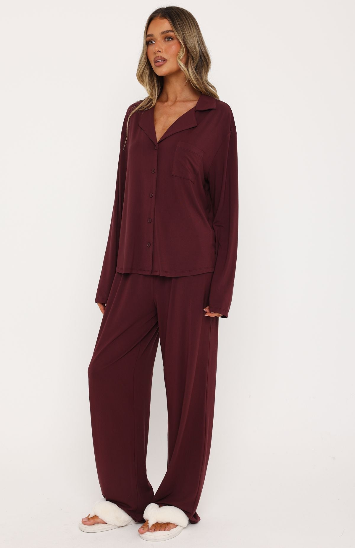 Trending Pillow Talk Long Sleeve Pyjama Set Burgundy