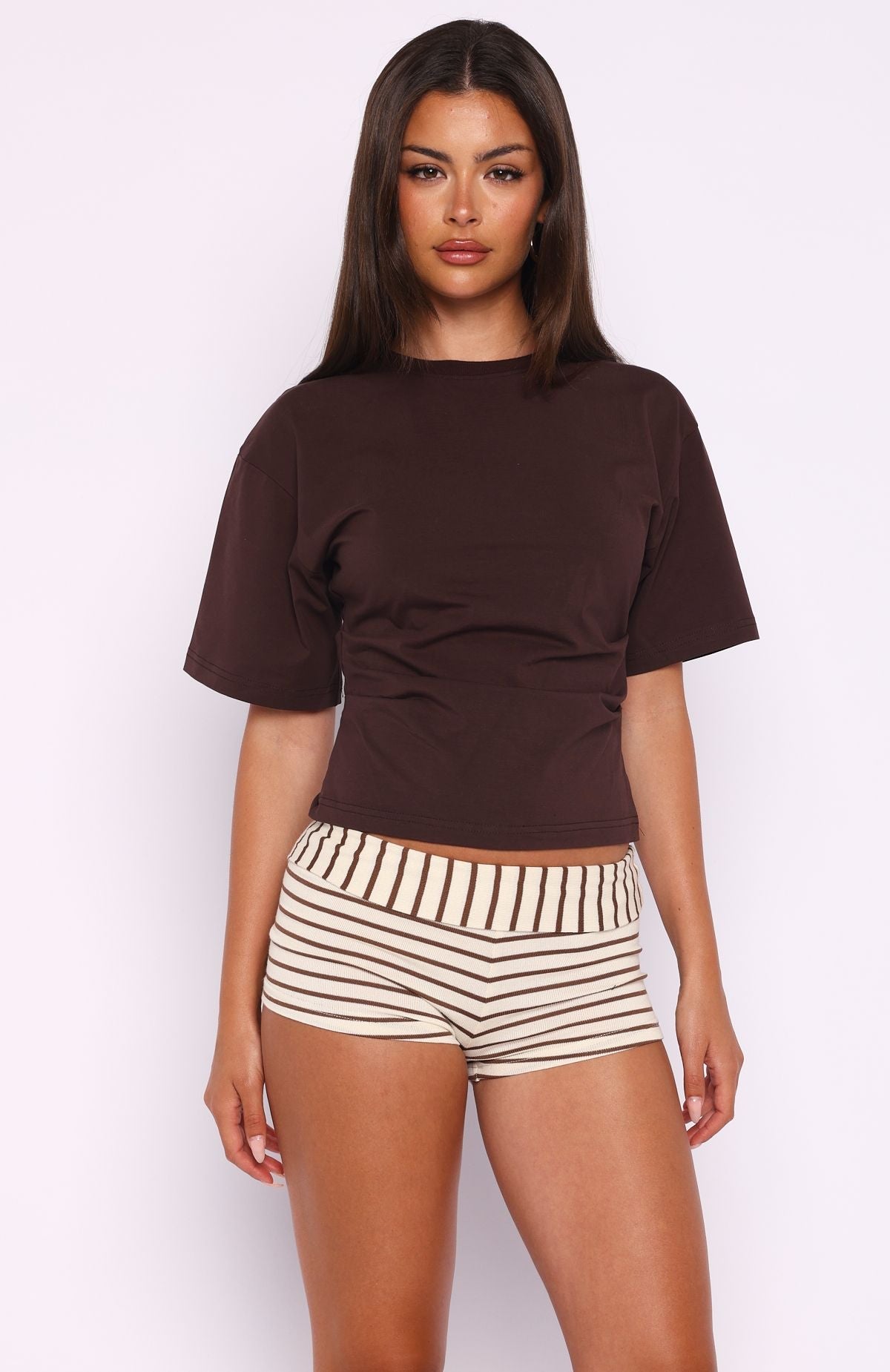 Trending Destination Unknown Cinched Waist Boxy Tee Chocolate