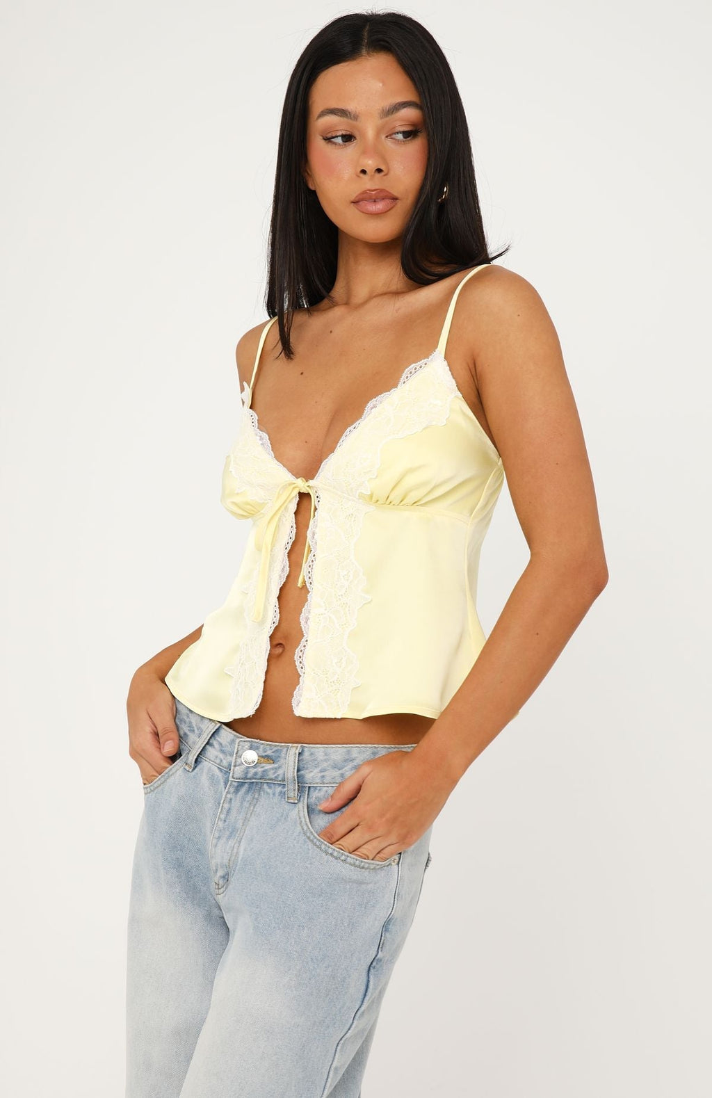 Trending Cutesy Girl Satin Cami Top Lemon