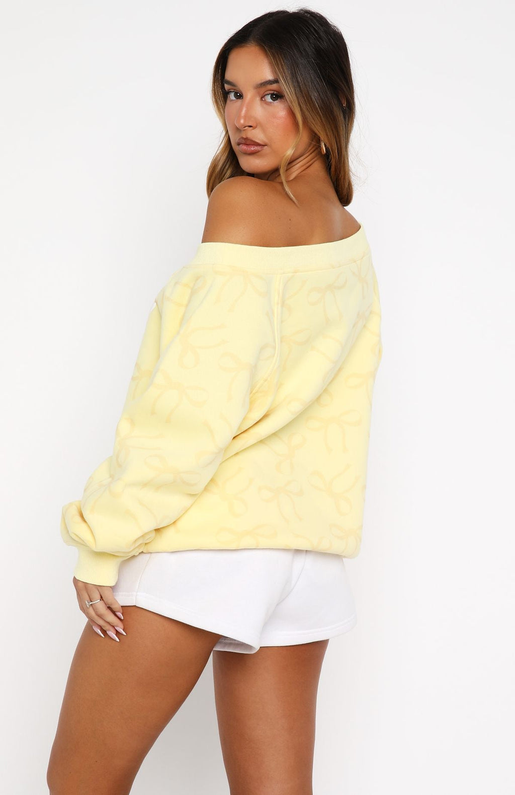 Trending Vol. 1 Off Shoulder Printed Sweater Lemon Bow