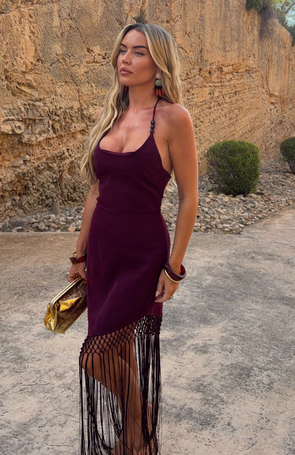 Trending Tangled Romance Fringe Midi Dress Plum