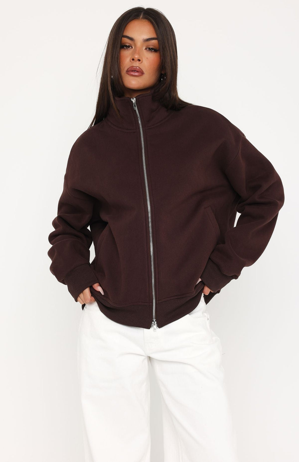 Trending Such A Dream Oversized Zip Front Funnel Neck Jacket Chocolate