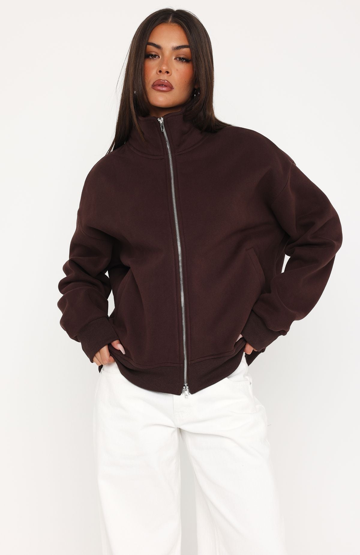 Trending Such A Dream Oversized Zip Front Funnel Neck Jacket Chocolate