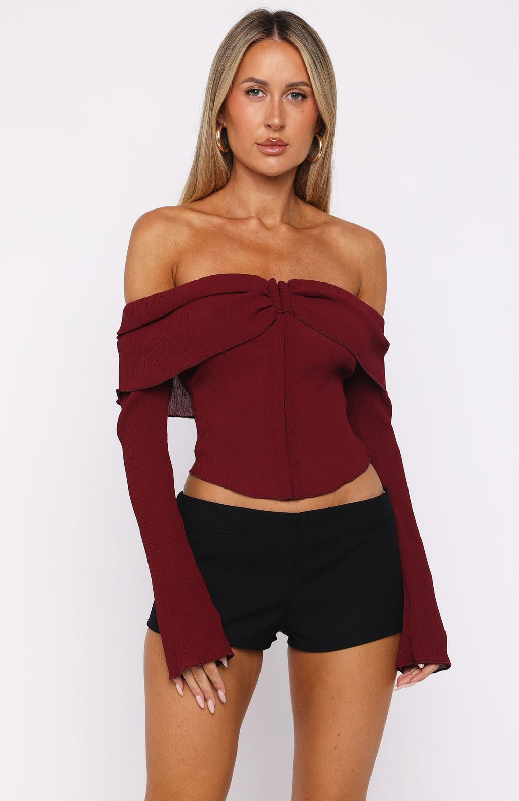 Trending Mood Forever Long Sleeve Off Shoulder Top Burgundy