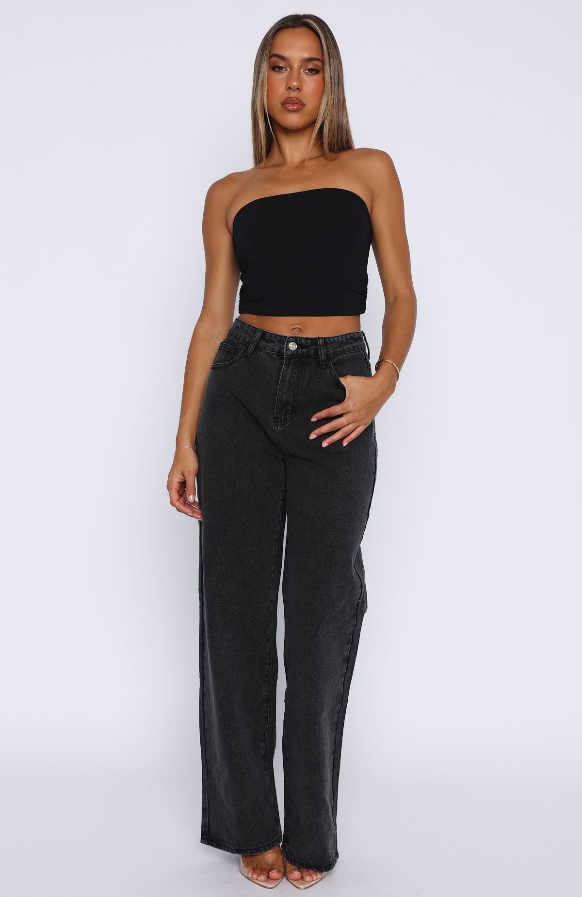 Trending Bring The Style High Rise Wide Leg Jeans Black Acid Wash