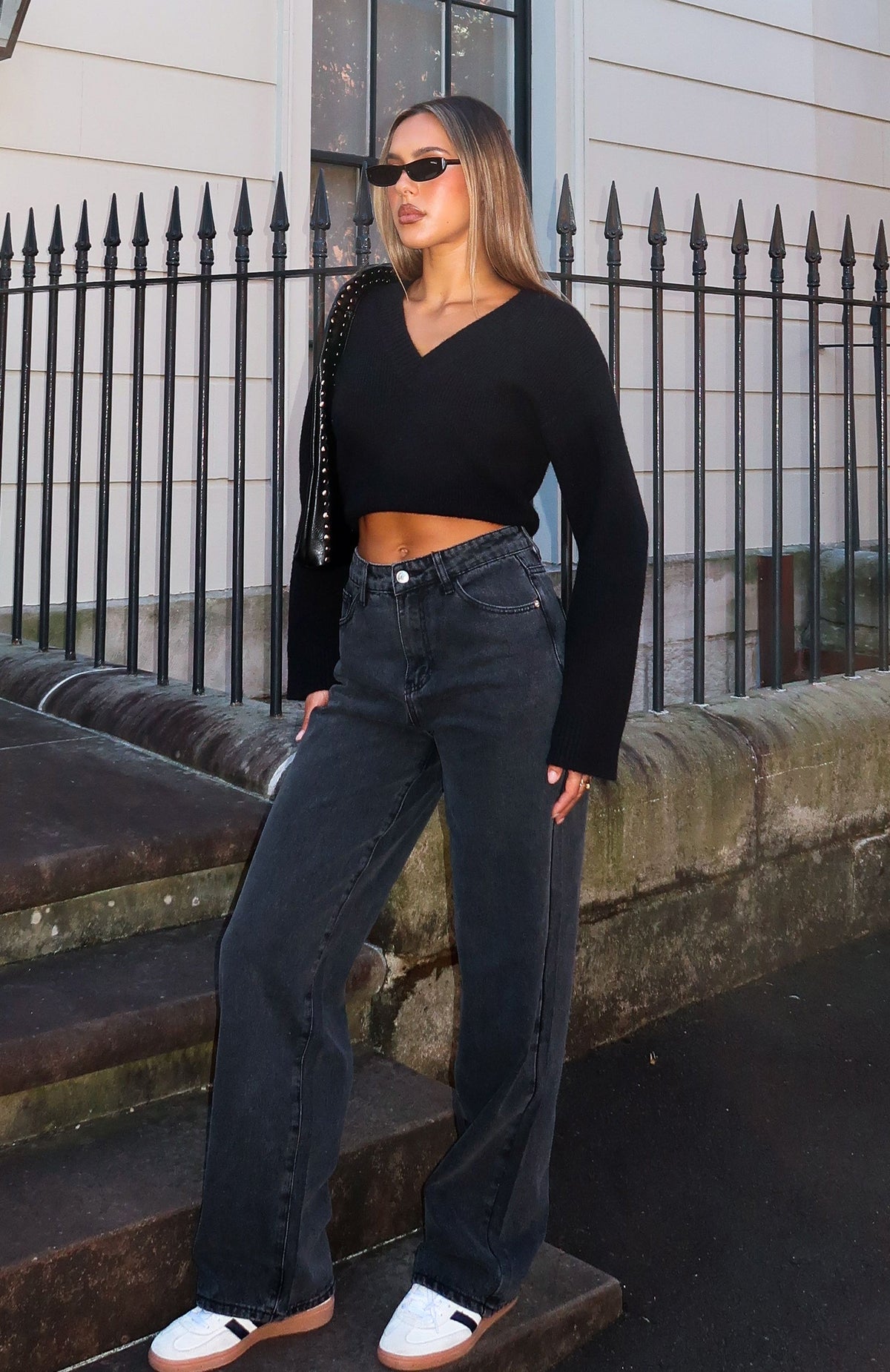Trending Bring The Style High Rise Wide Leg Jeans Black Acid Wash