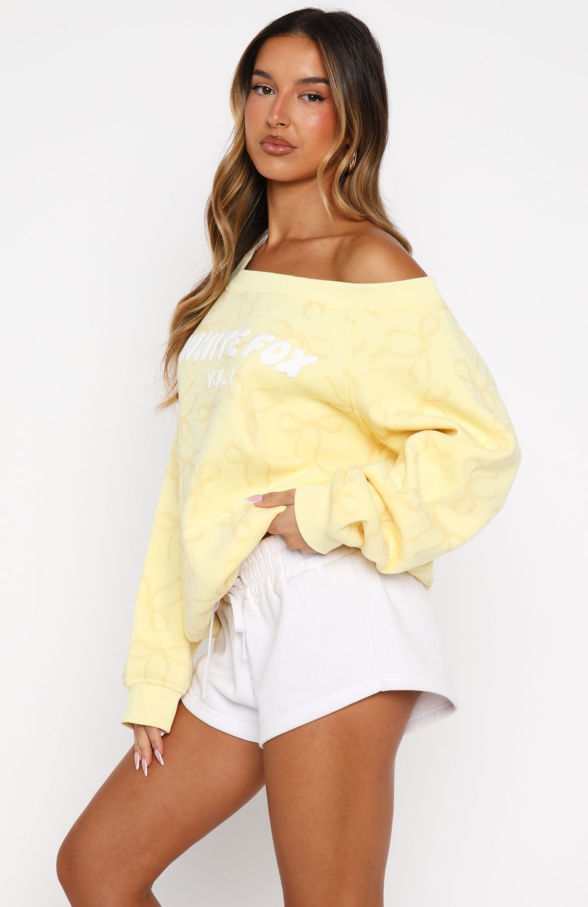 Trending Vol. 1 Off Shoulder Printed Sweater Lemon Bow