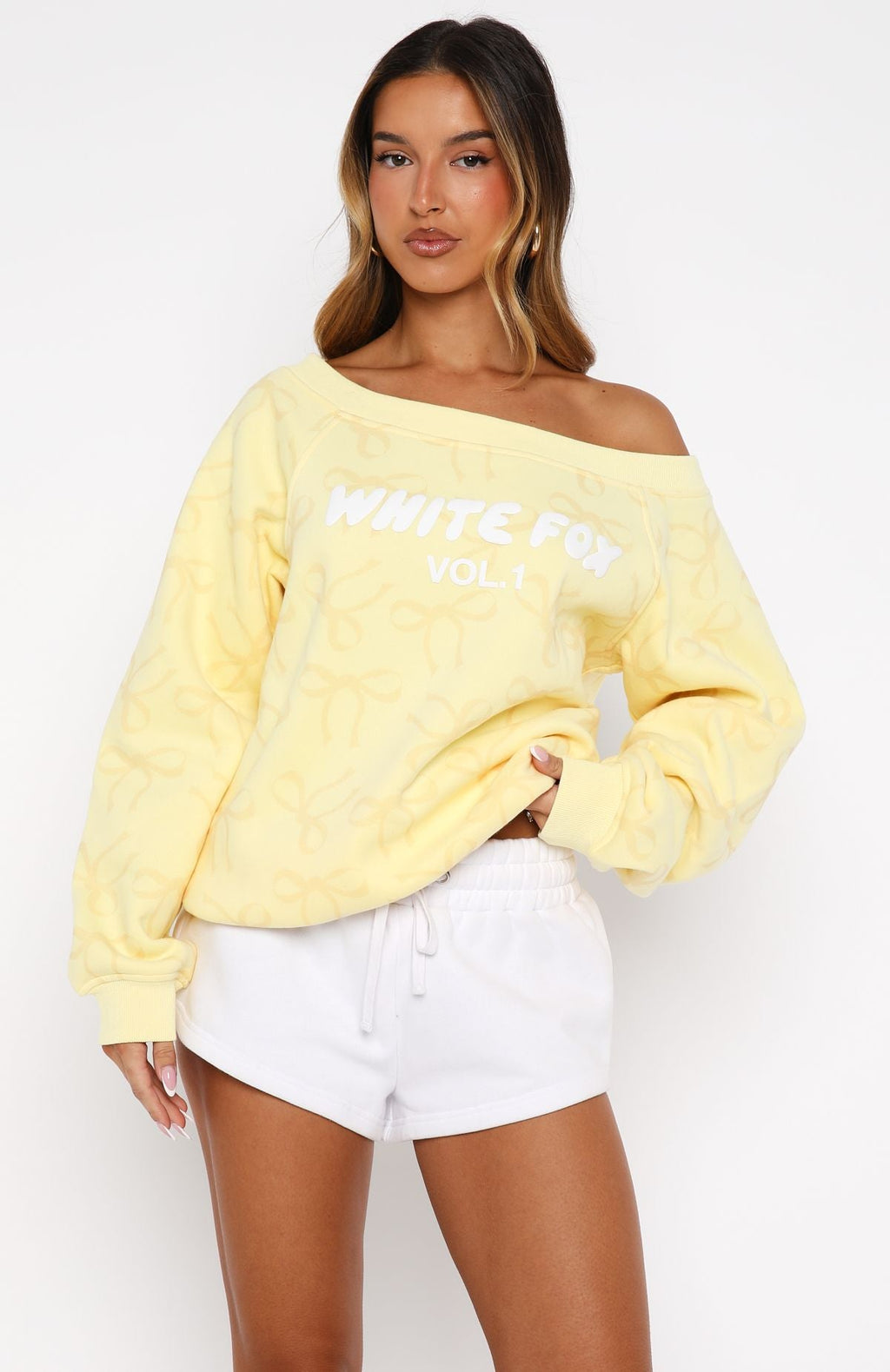 Trending Vol. 1 Off Shoulder Printed Sweater Lemon Bow