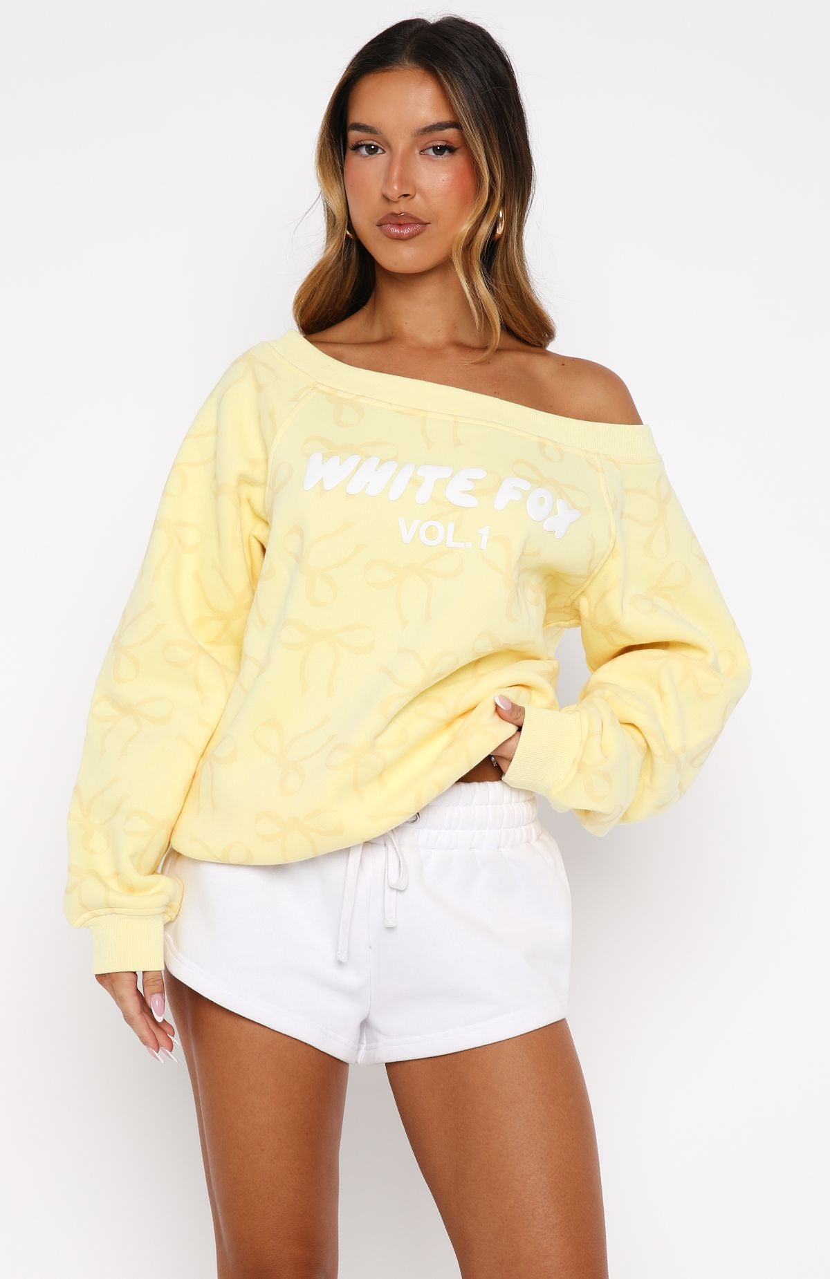 Trending Vol. 1 Off Shoulder Printed Sweater Lemon Bow