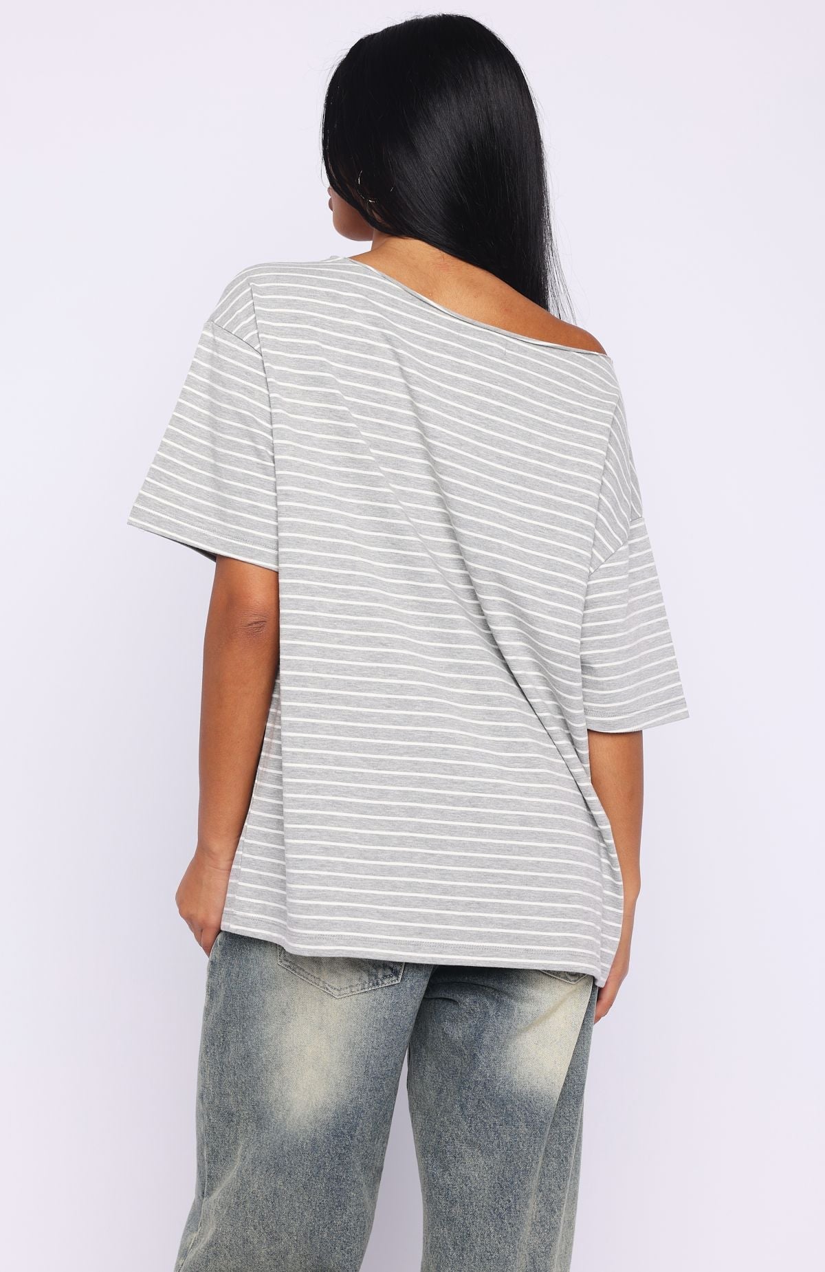 Trending Give Me Options Off Shoulder Tee GreyWhite Stripe