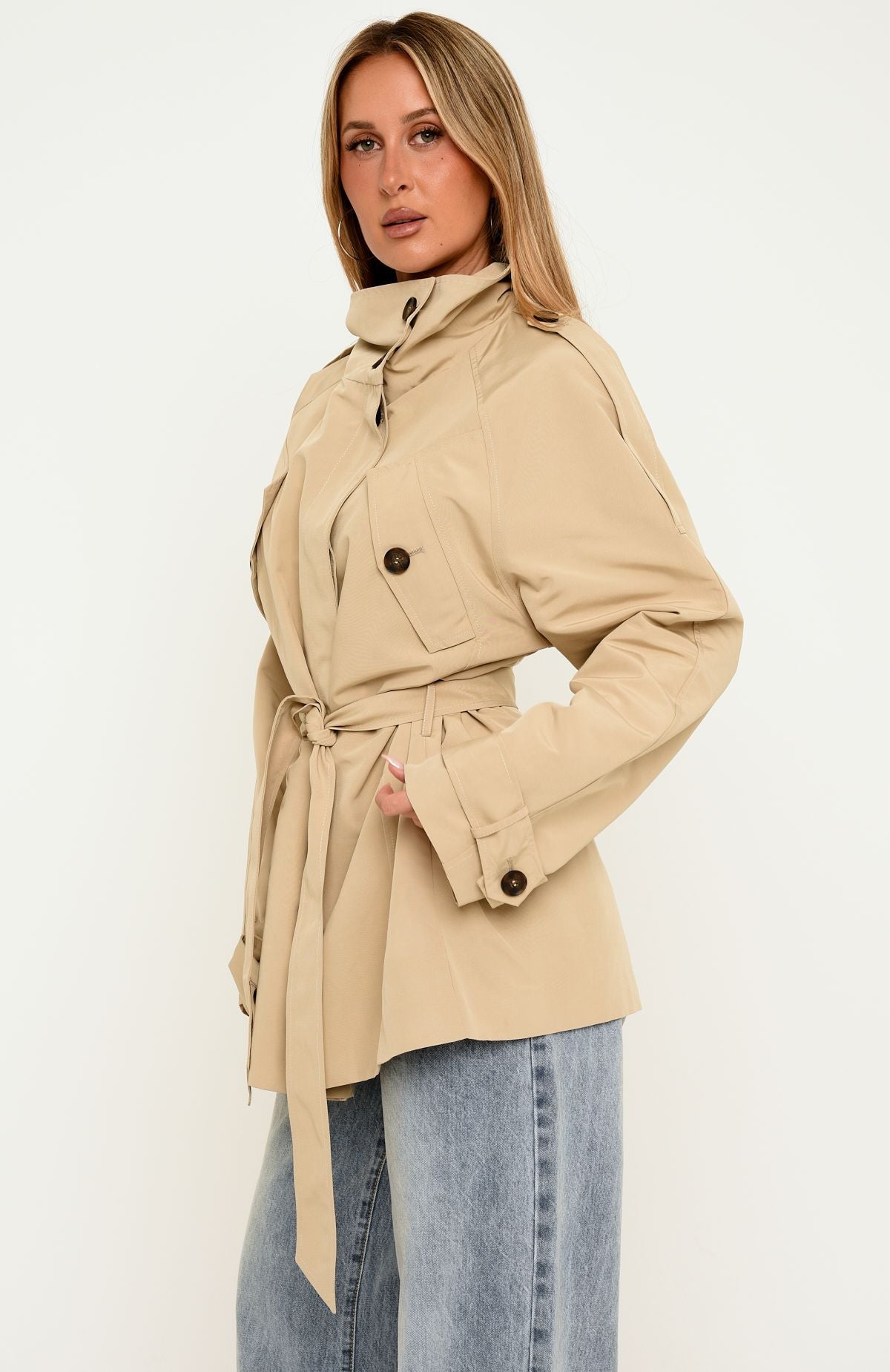 Trending Thessaly Funnel Neck Cropped Trench Jacket Sand