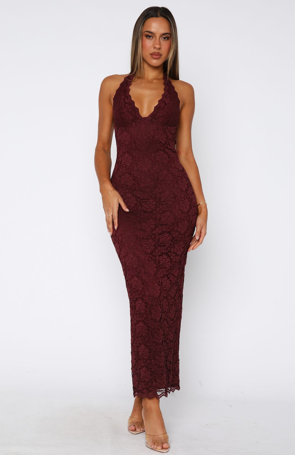Trending Destiny Lace Maxi Dress Burgundy