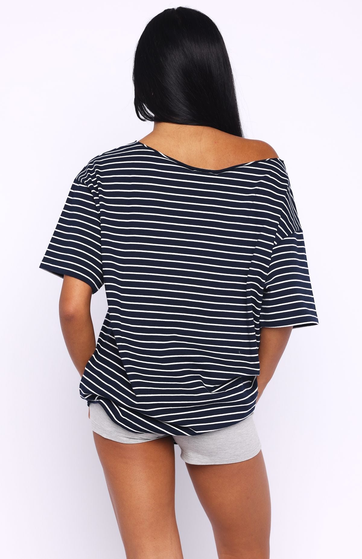 Trending Give Me Options Off Shoulder Tee NavyWhite Stripe