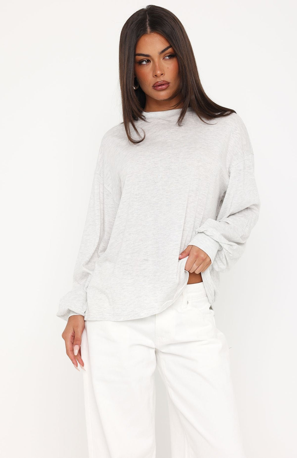 Trending Comfy Girl Oversized Long Sleeve Tee Light Grey Marle