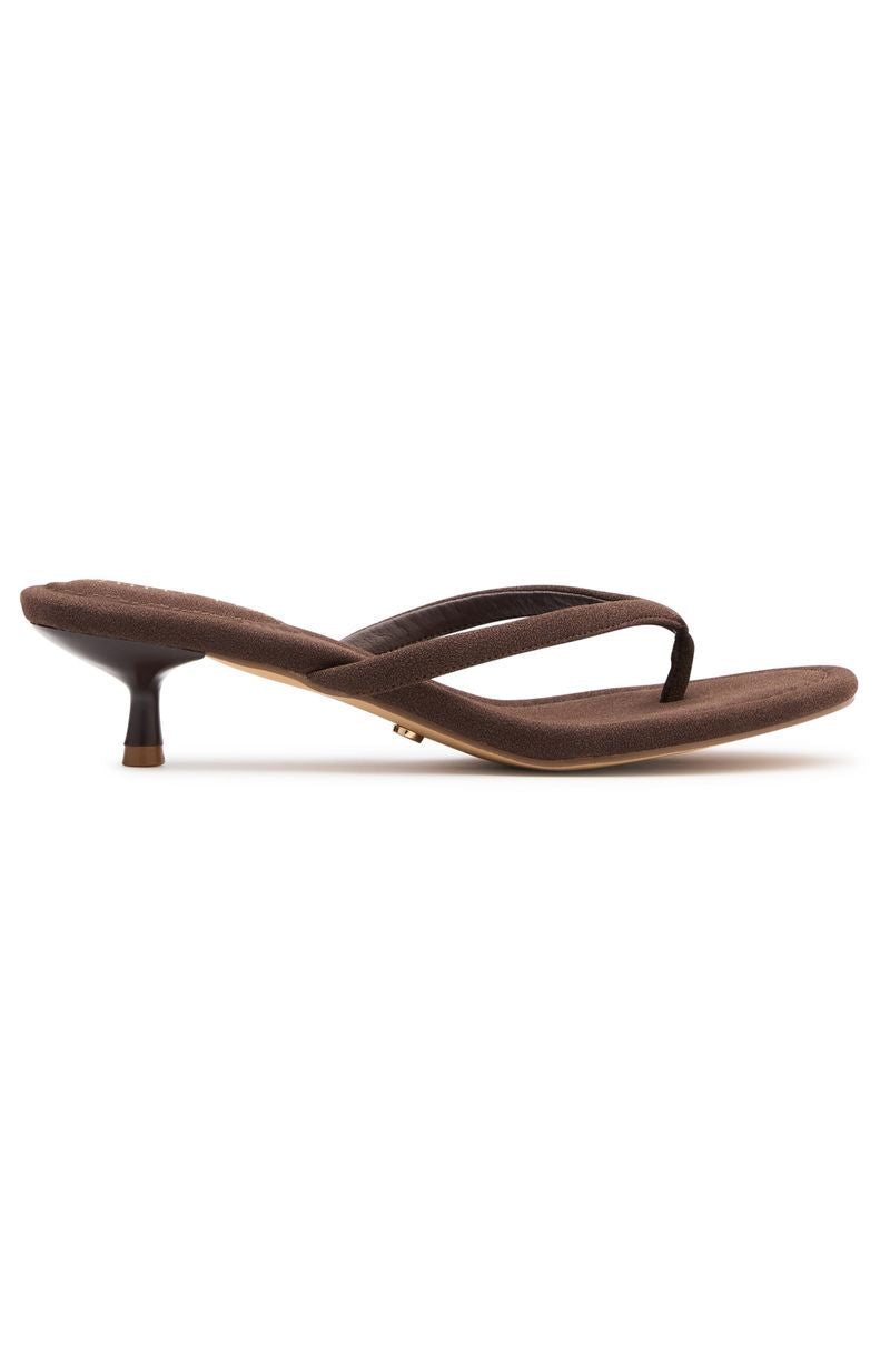 Trending Orion Thong Kitten Mules Chocolate Faux Suede