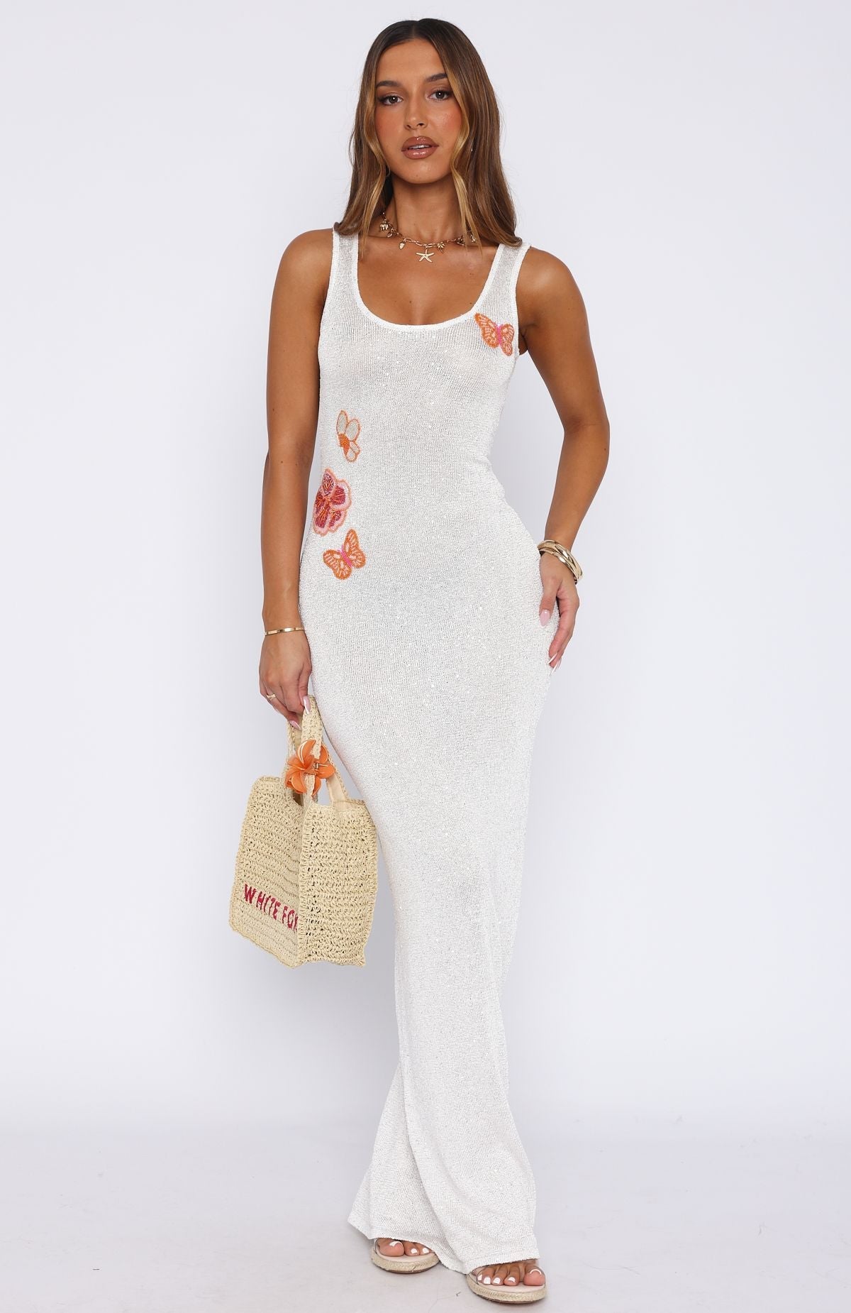 Trending Butterfly Blossom Sequin Knit Maxi Dress White