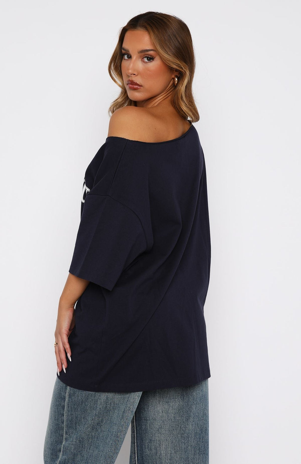 Trending Everything In Time Off Shoulder Oversized Tee Navy