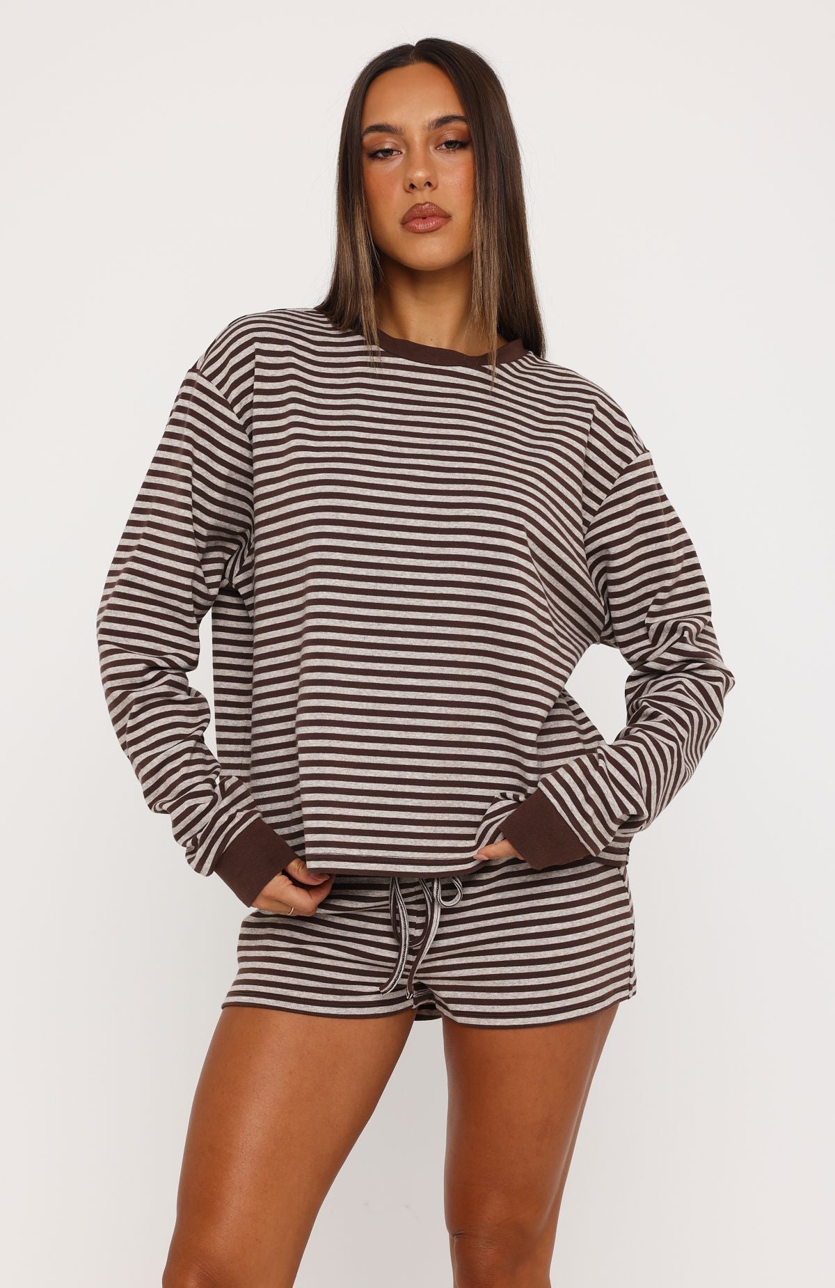 Trending Touchdown Long Sleeve Tee ChocGrey Marle Stripe