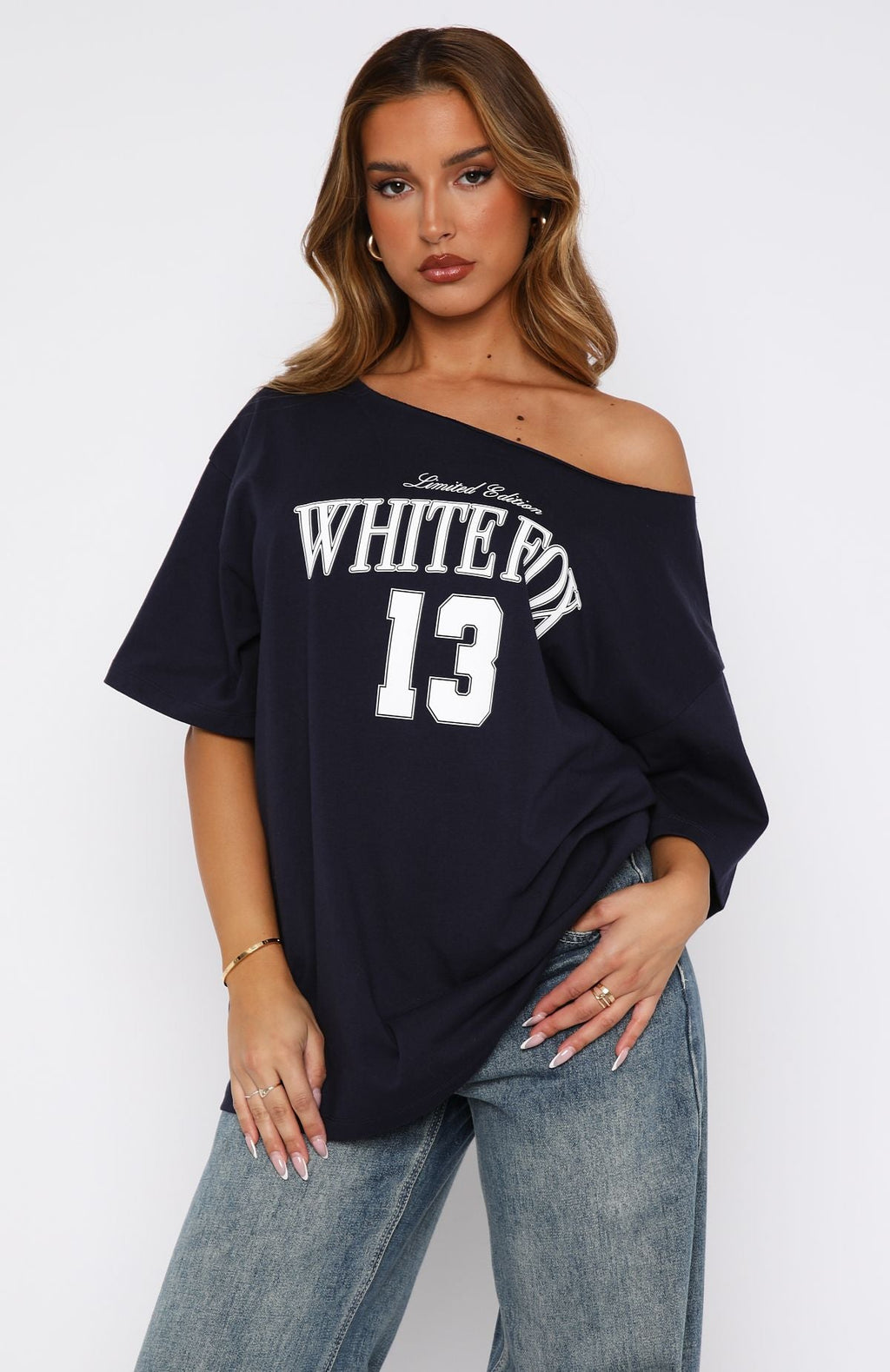 Trending Everything In Time Off Shoulder Oversized Tee Navy
