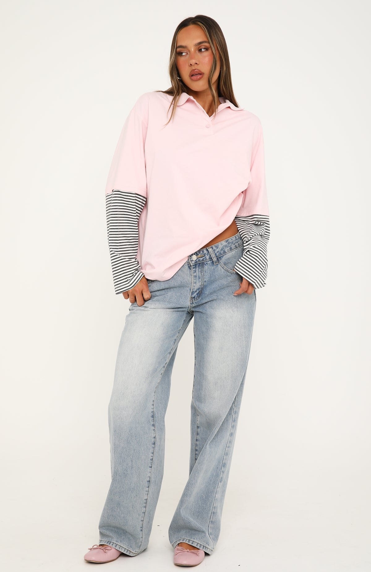 Trending Dont Rush Me Long Sleeve Layered Polo Tee Pink