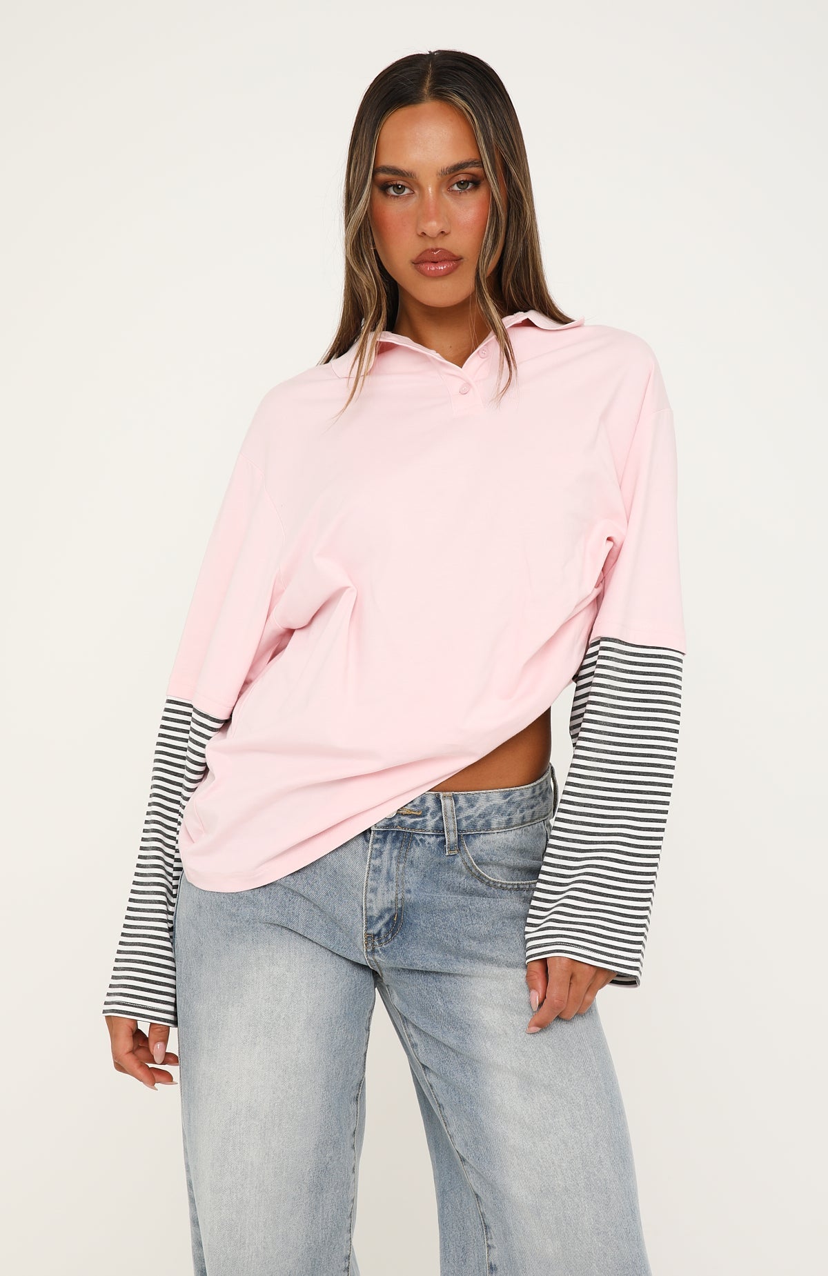 Trending Dont Rush Me Long Sleeve Layered Polo Tee Pink
