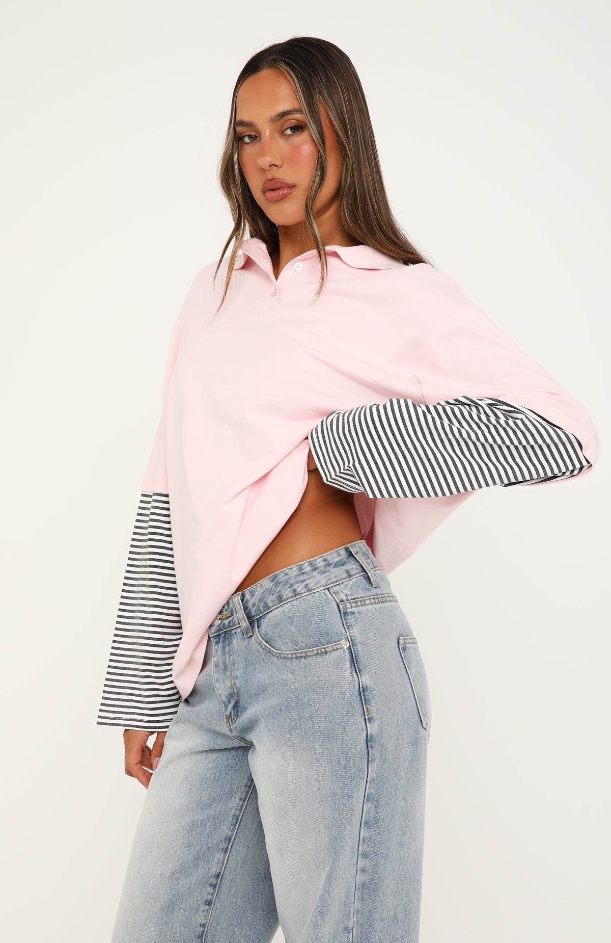 Trending Dont Rush Me Long Sleeve Layered Polo Tee Pink