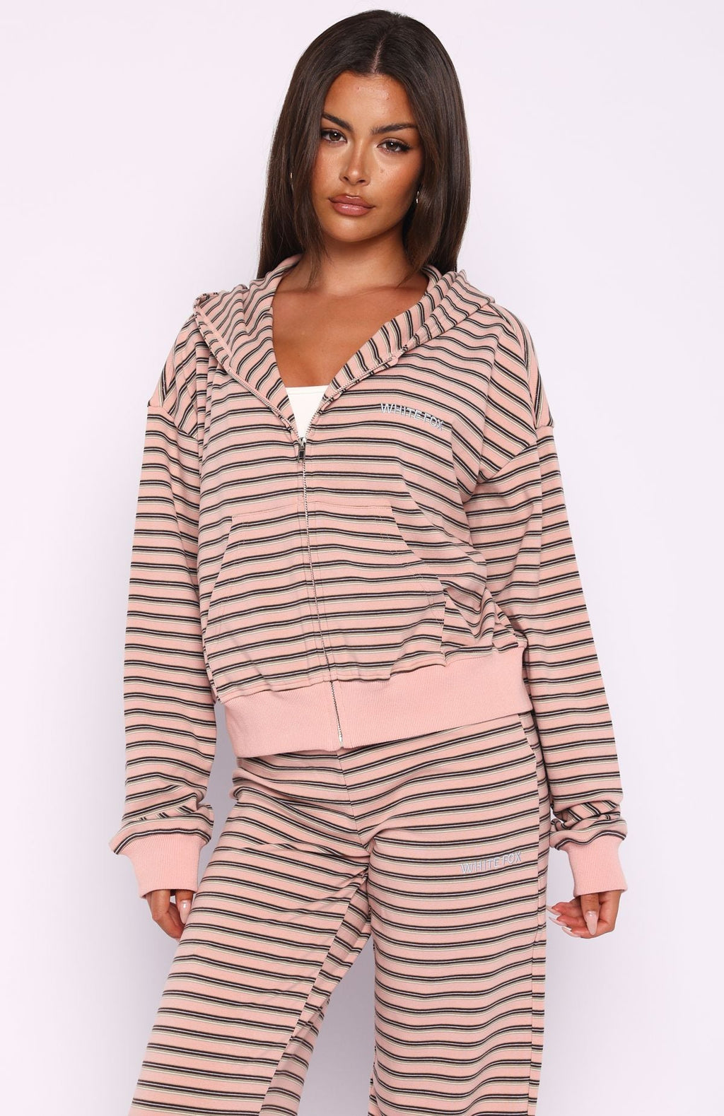 Trending Looking Back Boxy Zip Front Hoodie Pink Stripe