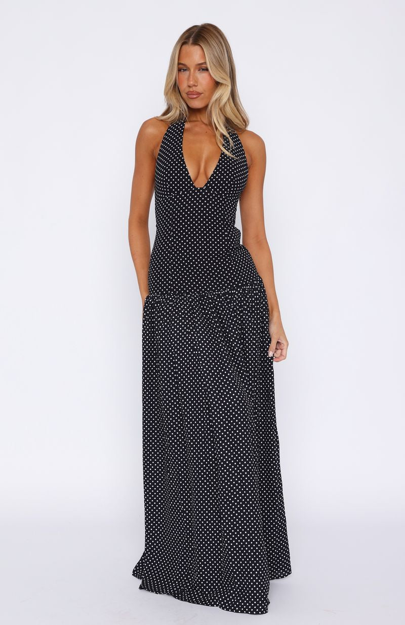 Trending Sweet Temptation Halter Maxi Dress BlackWhite Polka Dot