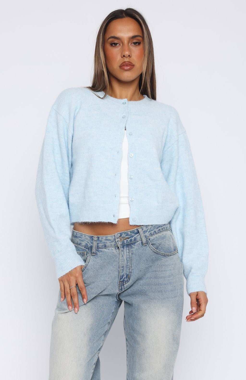 Trending Warm Whispers Knit Cardigan Baby Blue