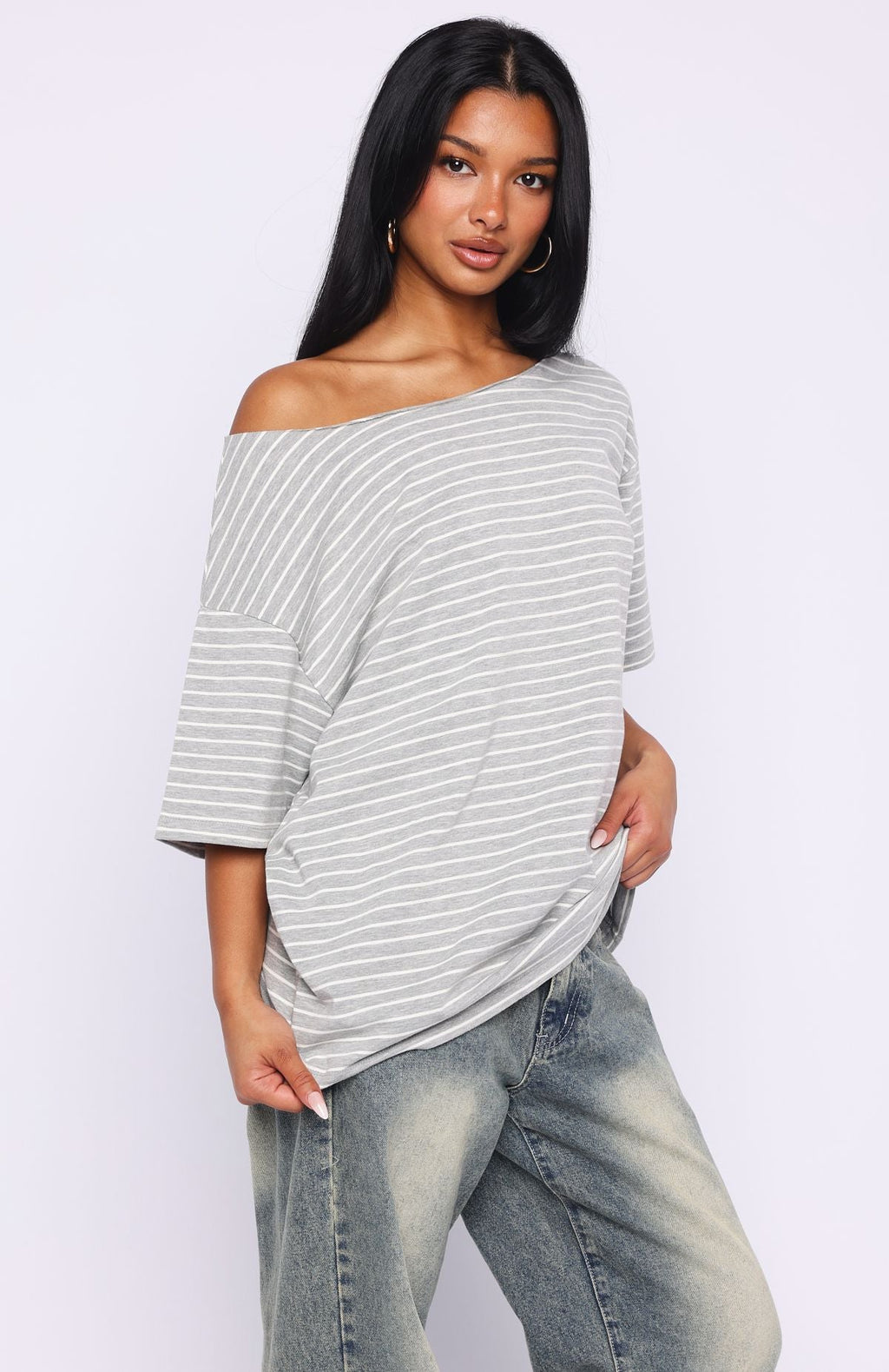 Trending Give Me Options Off Shoulder Tee GreyWhite Stripe