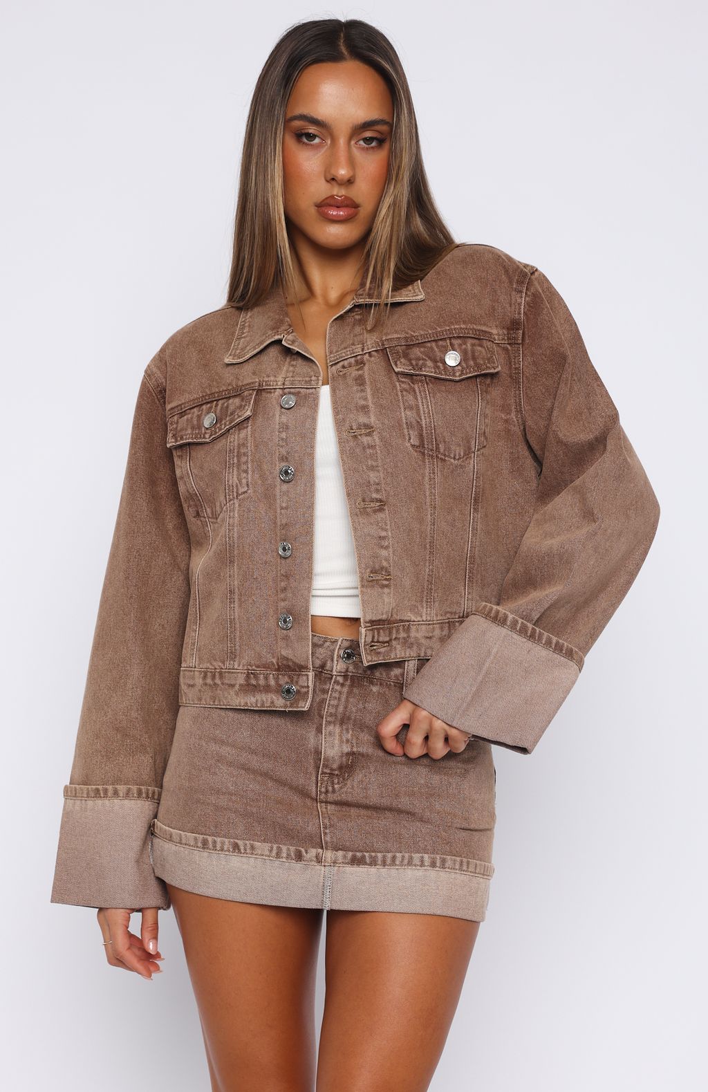 Trending Charlotte Denim Mini Skirt Tan Wash