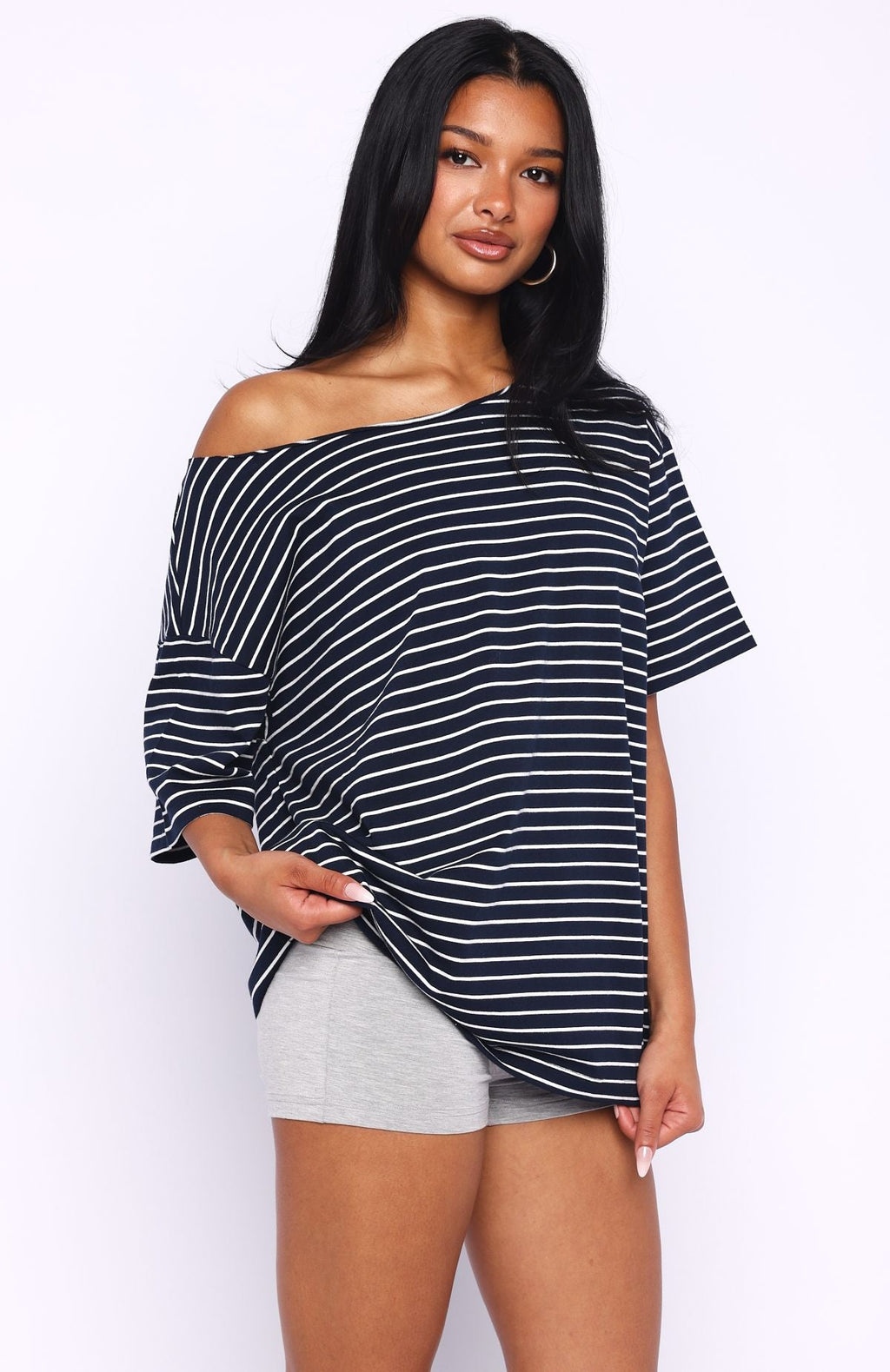 Trending Give Me Options Off Shoulder Tee NavyWhite Stripe