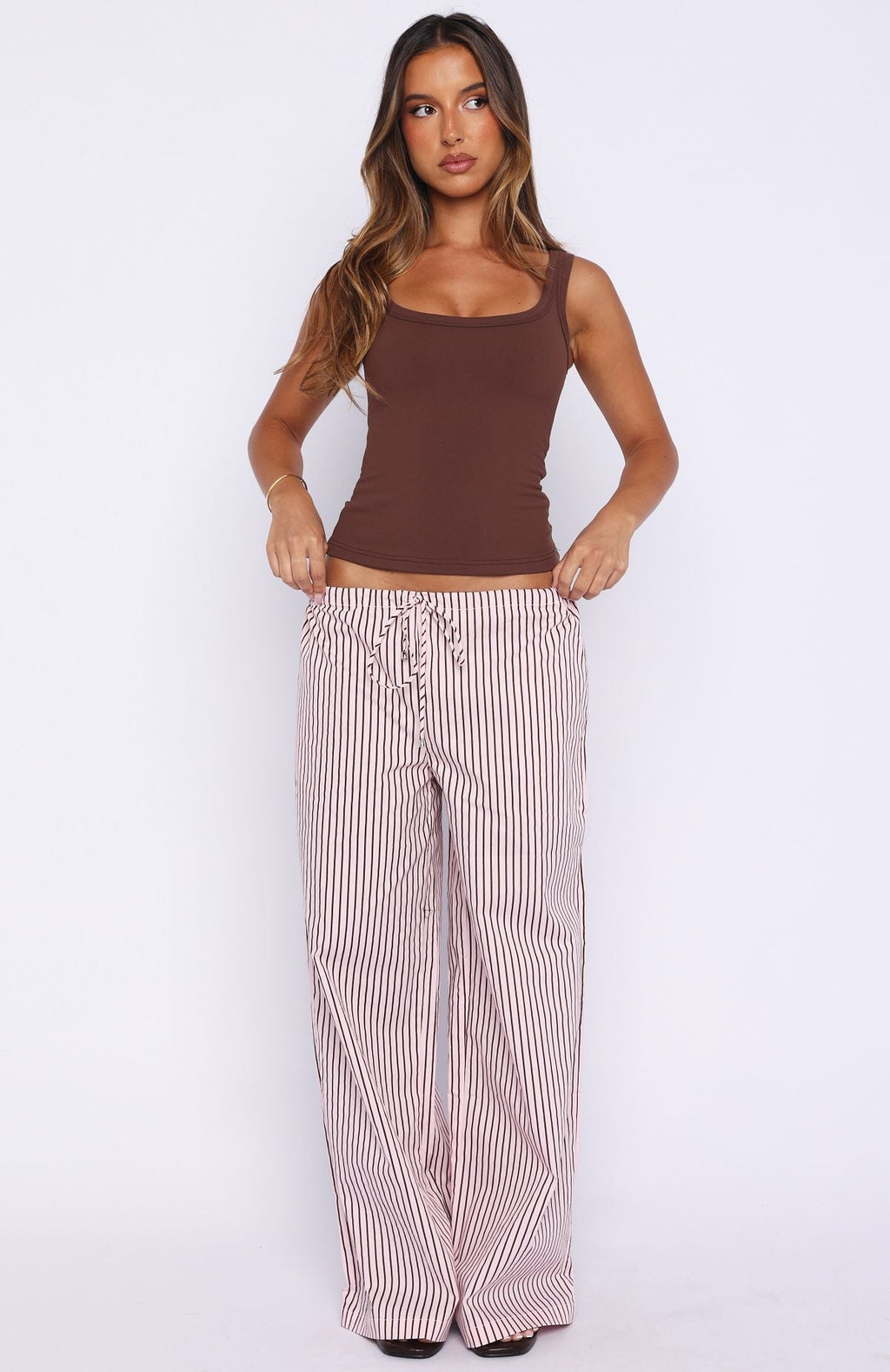 Trending The Sweetest Love Drawstring Pants PinkChocolate Stripe