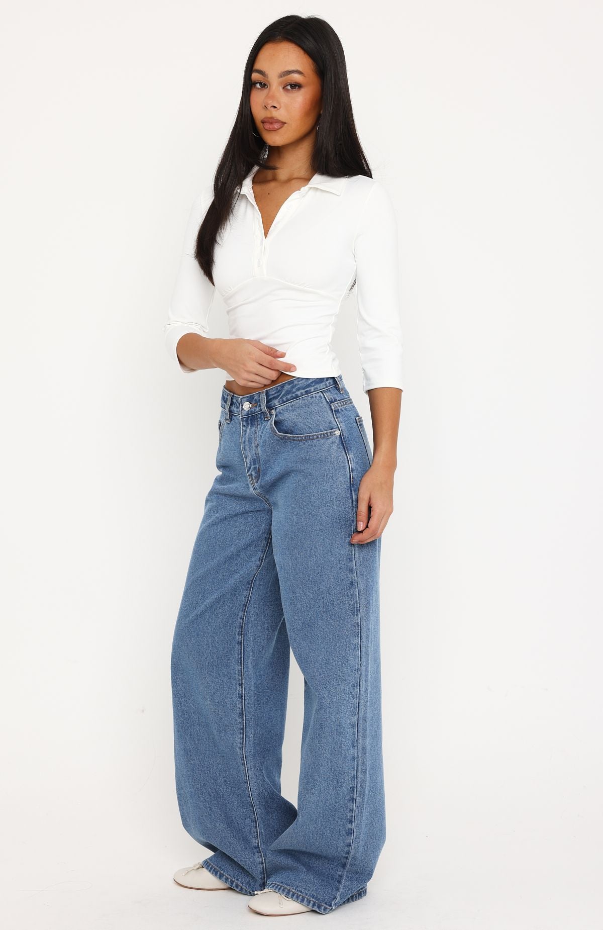 Trending Just My Type Mid Rise Wide Leg Jeans Classic Blue