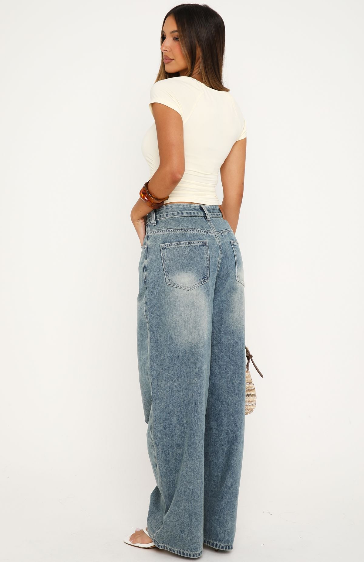 Trending Not My Type Denim Low Rise Wide Leg Jeans Brown Blue Wash